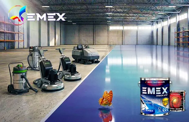 Sistem bicomponent pardoseală Emex aplicare profesională Vopsea bicomponentă pardoseală beton aplicare